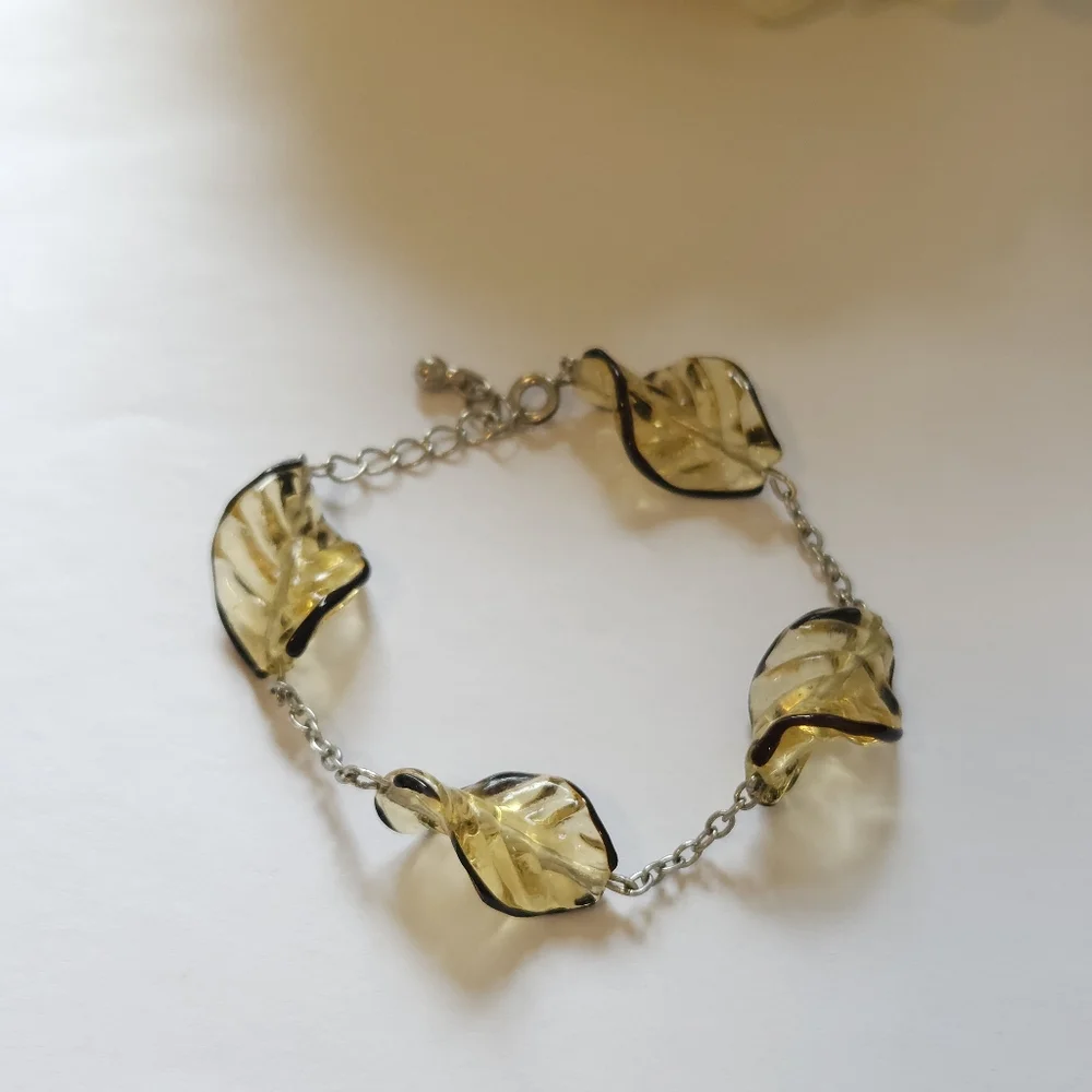 Yellow & Black Glass Spiral Leaf Beaded Bracelet Chain Bead Link Bracelet